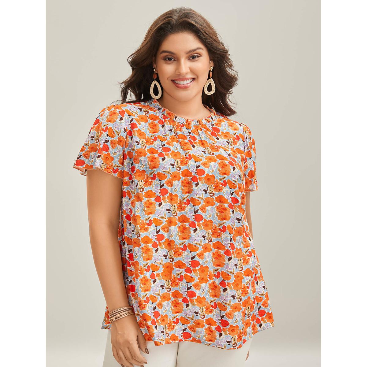 Plus Size LightBlue In Full Bloom Mock Neck Shirt Women Resort Cap Sleeve Stand-up collar Vacation Blouses BloomChic 22-24/3X Product Image