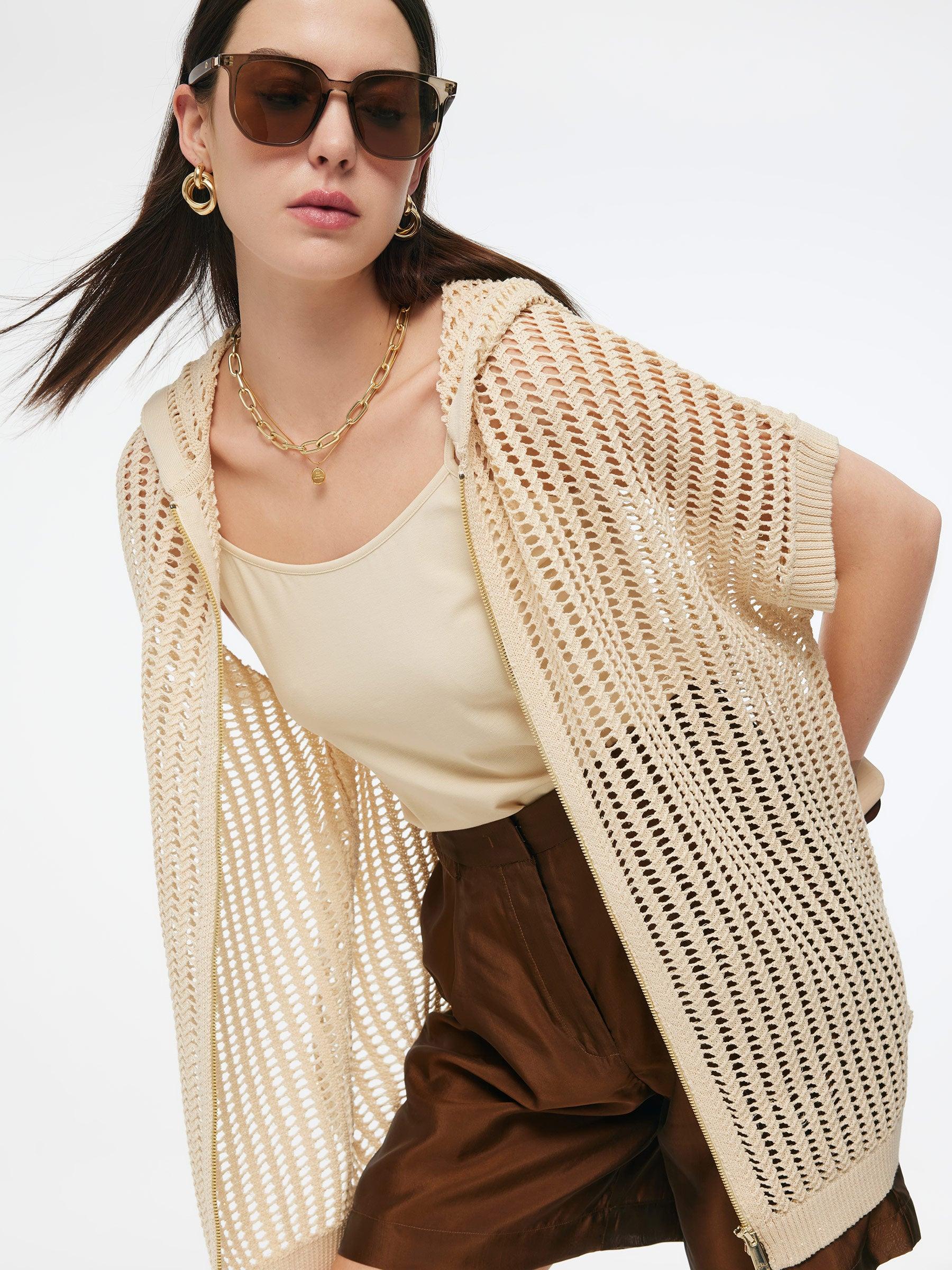 Sequins Stretch Zip-Up Women Openwork Hooded Cardigan Product Image