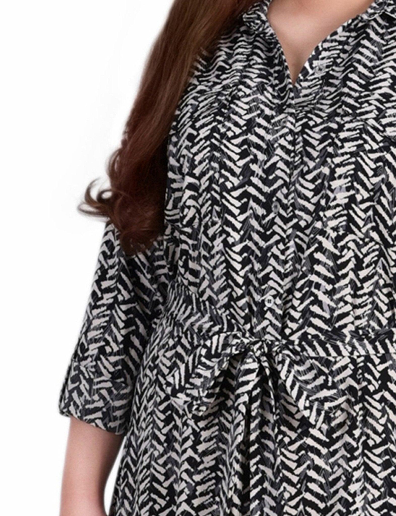 Black White Zig Zag 3/4 Roll Tab Sleeve Belted Shirtdress - Plus Product Image