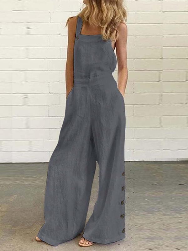 High Waisted Loose Buttoned Pockets Solid Color Spaghetti-Neck Overalls Product Image