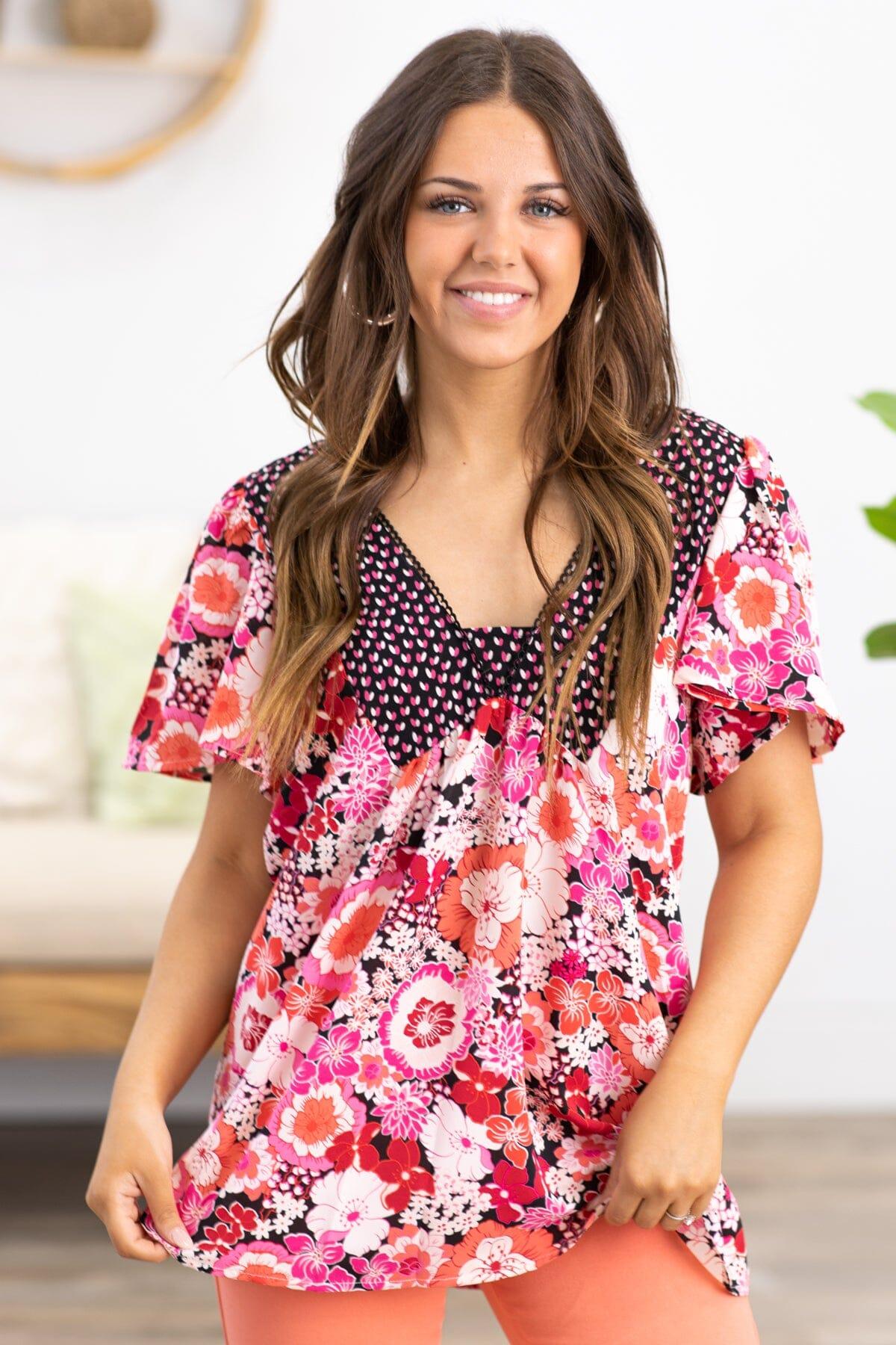 Pink and Coral Floral Print Contrast Trim Top Product Image