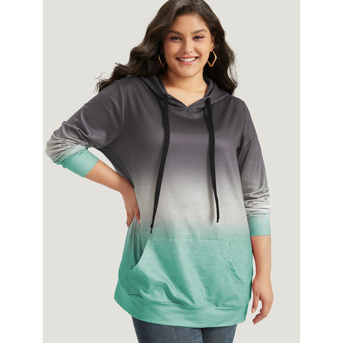 Plus Size Ombre Pocket Drawstring Hooded Sweatshirt Women Gray Casual Elastic cuffs Hooded Everyday Sweatshirts BloomChic 18-20/2X Product Image