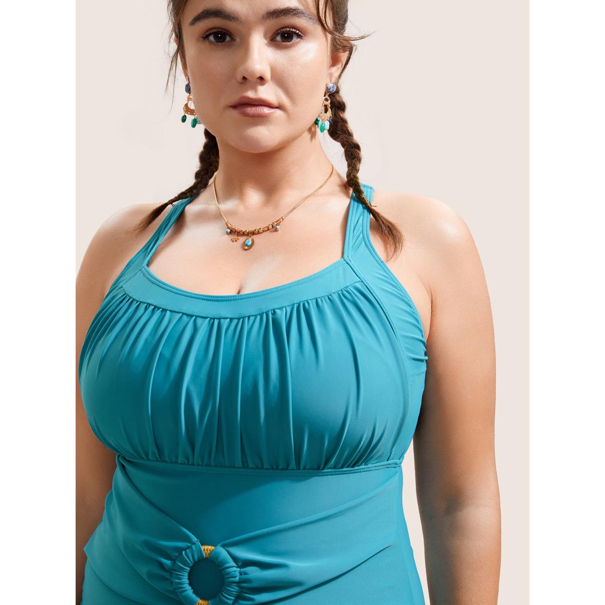 Plus Size Solid Buckle Detail Gathered One Piece Swimsuit Women's Swimwear Teal Beach Non Curve Bathing Suits High stretch One Pieces BloomChic 14-16/1X Product Image