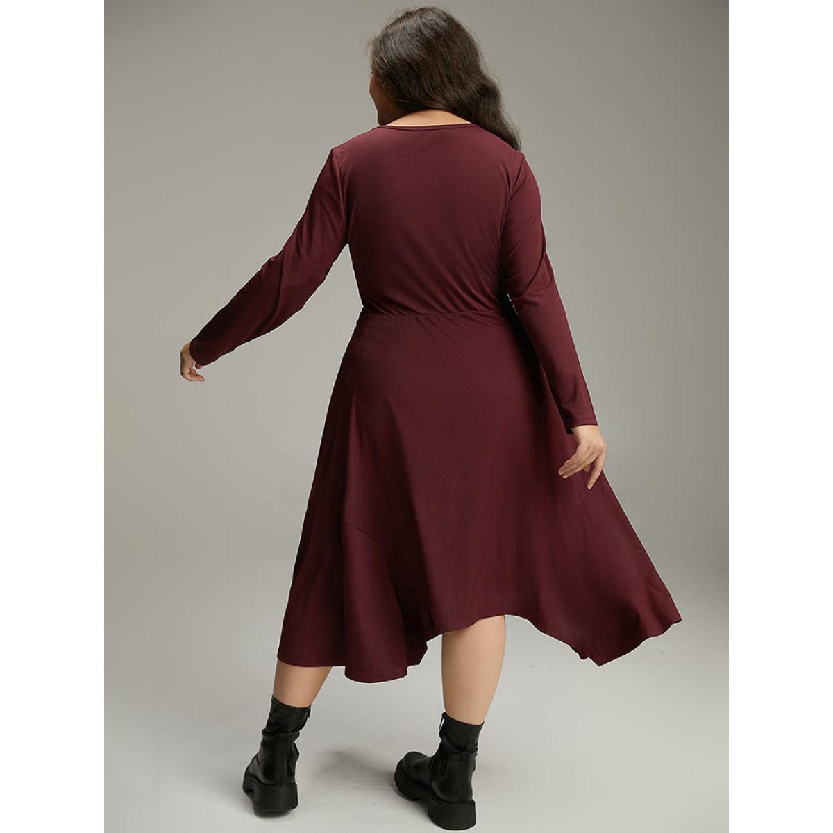 Plus Size Solid Rib Knit Crew Neck Twist Front Dress Burgundy Women Casual Plain Round Neck Long Sleeve Curvy Midi Dress BloomChic 22-24/3X Product Image