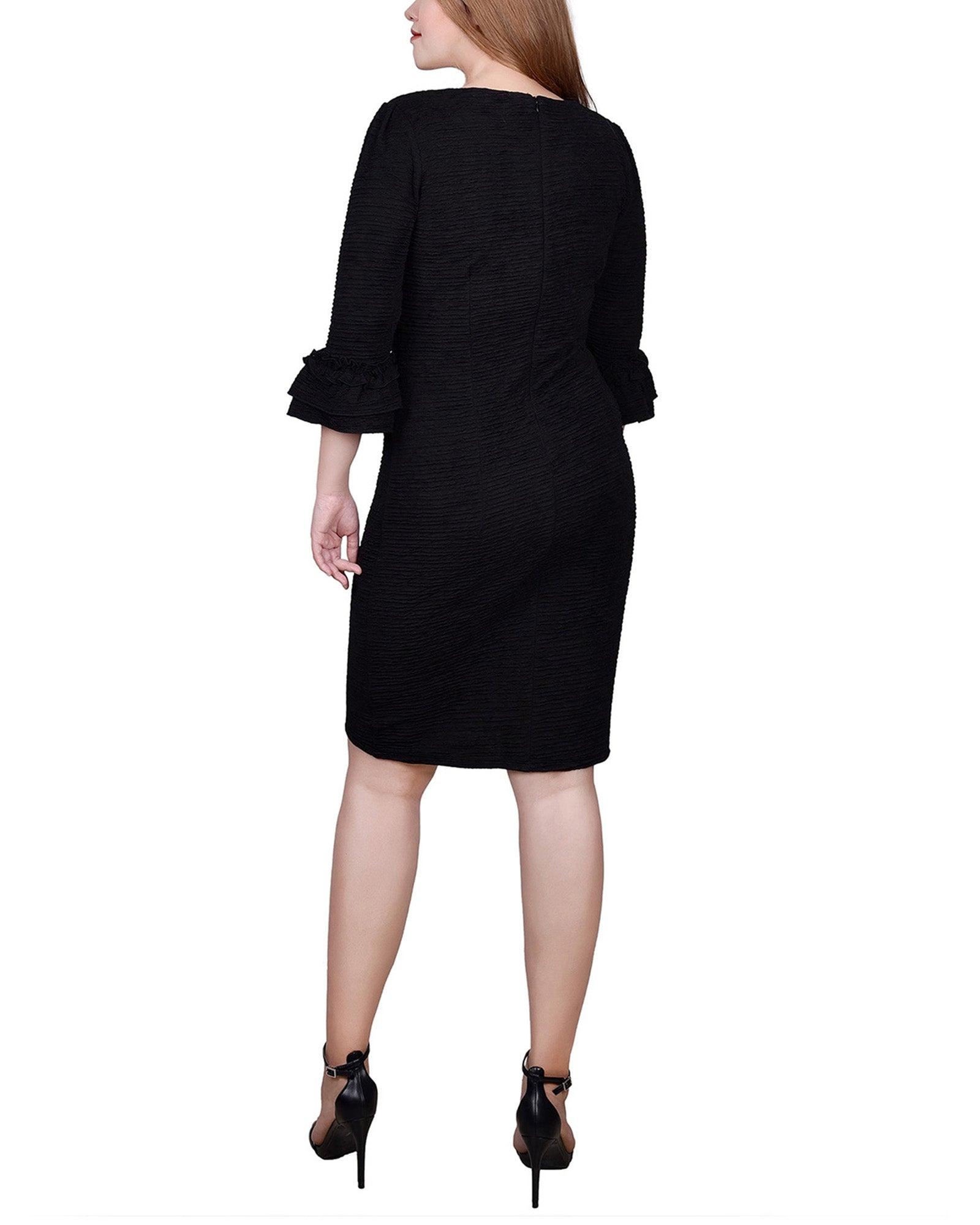 Black 3/4 Sleeve Textured Knit Dress Product Image