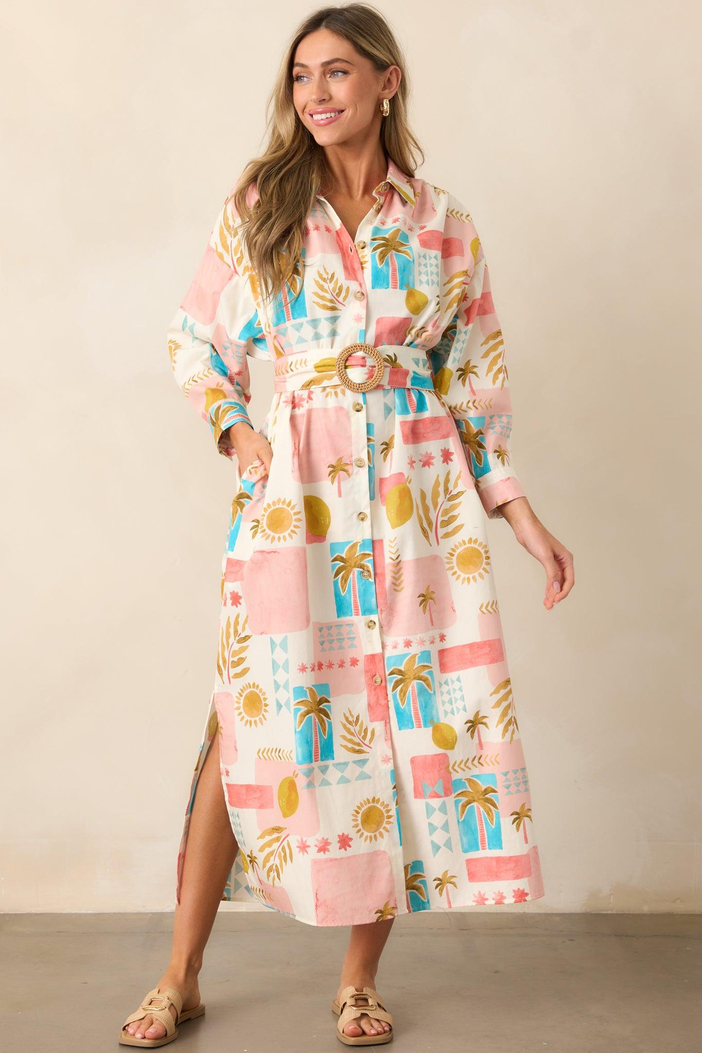 Palms & Paradise Pink Multi Tropical Print Button Front Maxi Dress Product Image