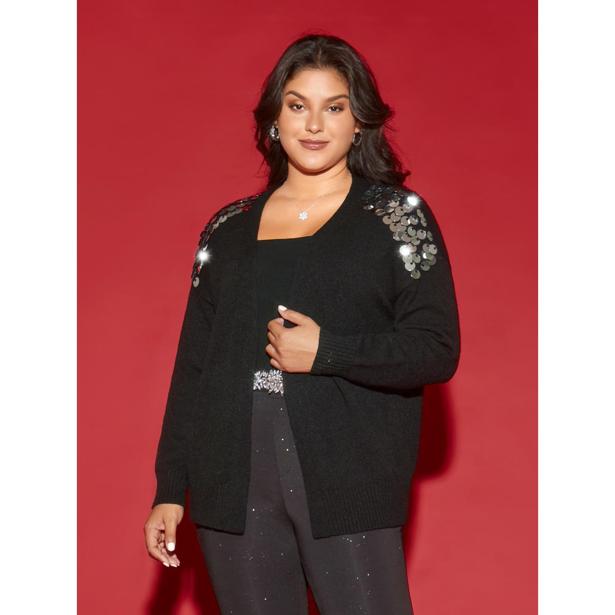 Plus Size Supersoft Essentials Silver Sequins Shoulder Open Cardigan Black Women Cocktail Loose Long Sleeve Party Cardigans BloomChic 28/5X Product Image