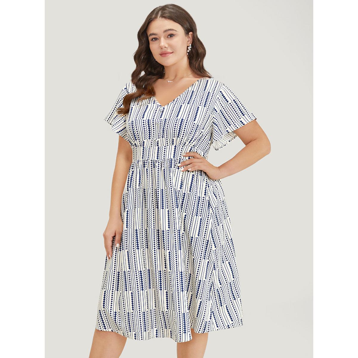 Plus Size Geometric Print Button Detail Pocket Ruffle Sleeve Dress Blue Women Elegant Elastic Waist V-neck Short sleeve Curvy Midi Dress BloomChic 10/M Product Image