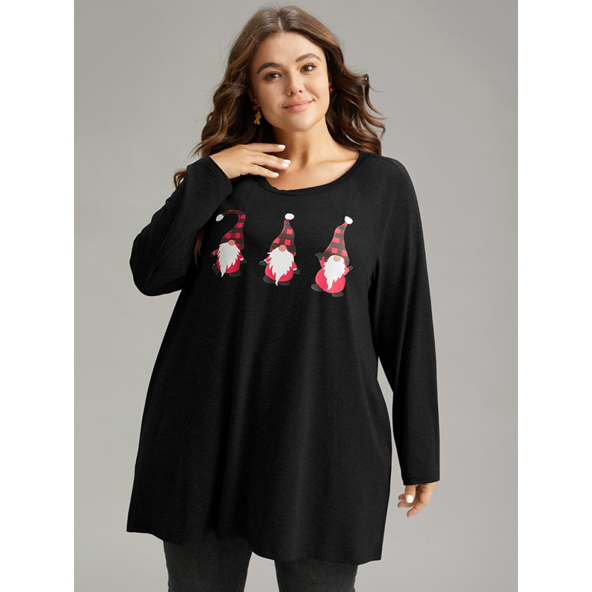 Plus Size Santa Claus Print Long Sleeve T-shirt Black Women Casual Printed Christmas Dailywear T-shirts BloomChic 12/L Product Image