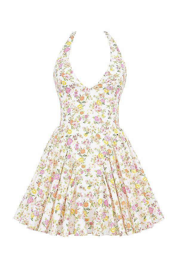 Valentia  ivory meadow print cotton halter mini dress Product Image