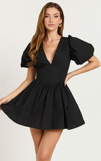 Nelli Mini Dress - Short Puff Sleeve Shirred Back Dress in Black Product Image