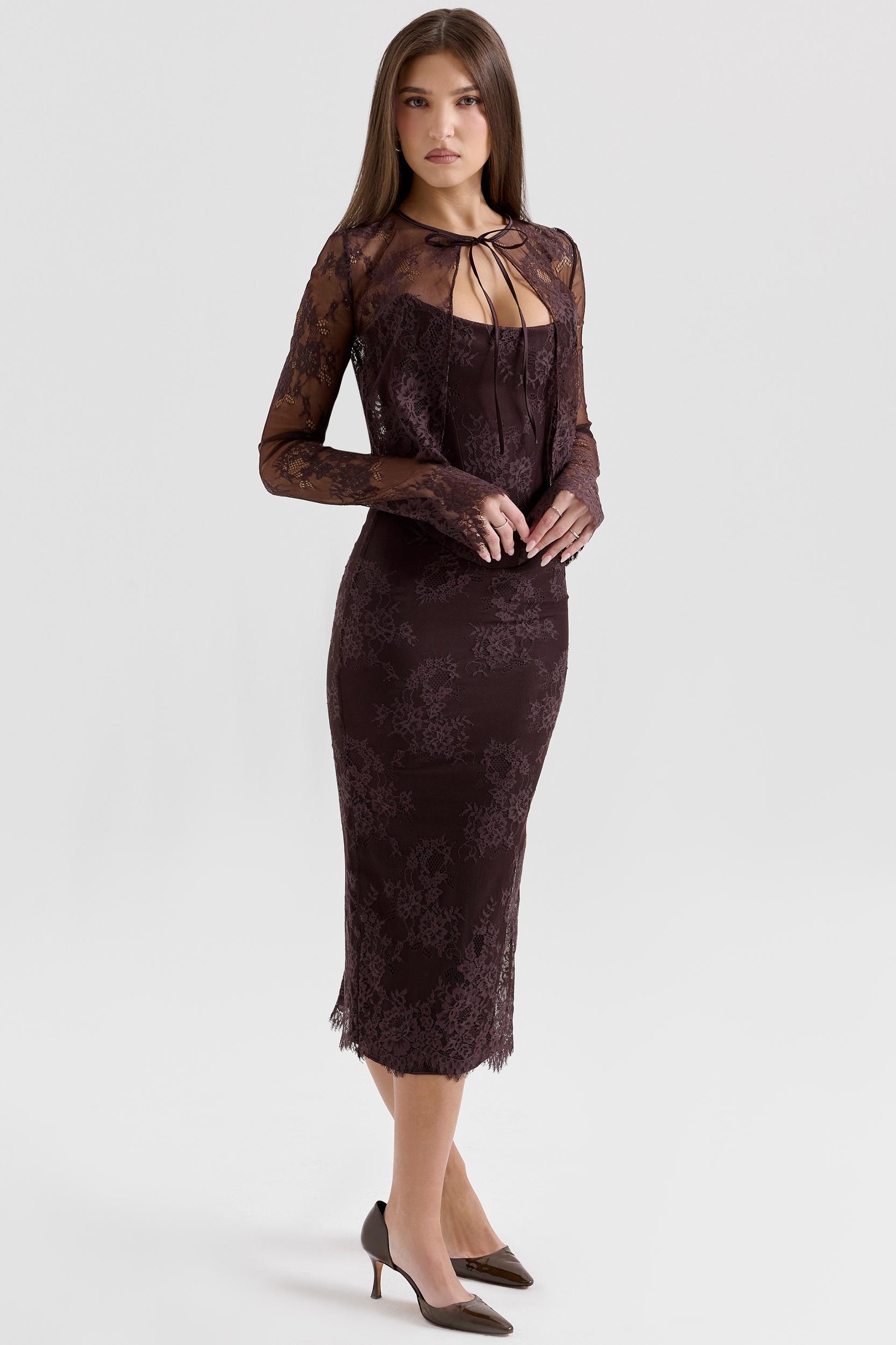 Larra  bitter chocolate lace corset midi dress & bolero Product Image