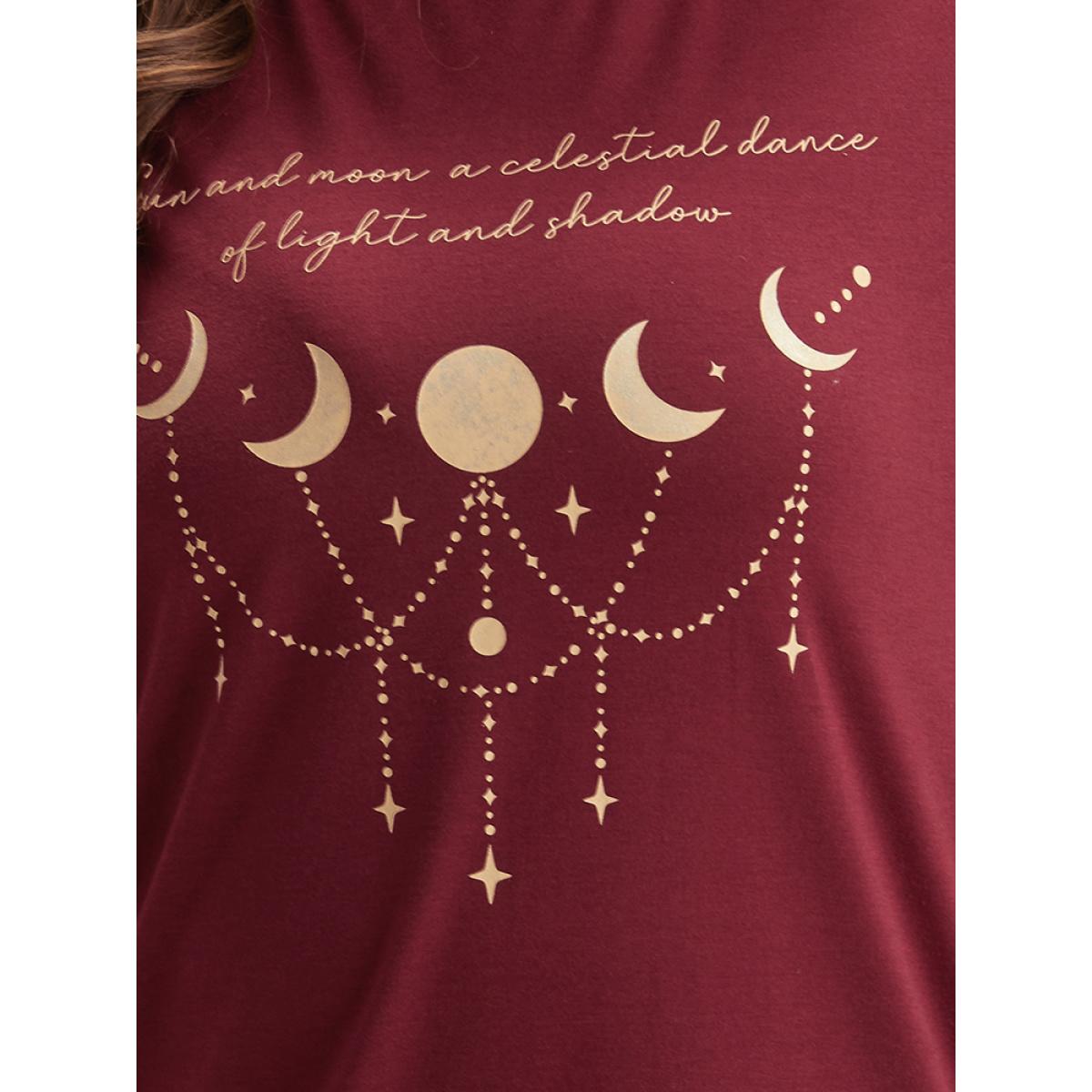 Plus Size Moon & Star Print Round Neck T-shirt Burgundy Women Casual Printed Star and moon Dailywear T-shirts BloomChic 12/L Product Image