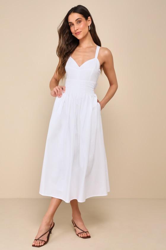 Strolling Sicily White Pleated Backless Midi Dress With Pockets Product Image