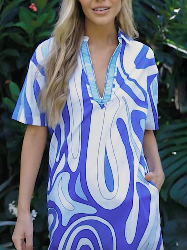 Loose Short Sleeves Contrast Color Pockets V-Neck Mini Dresses Product Image