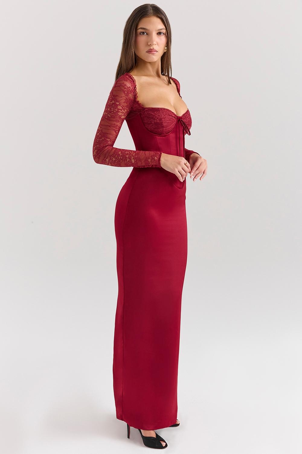 Perdi  berry satin maxi dress with corset Product Image