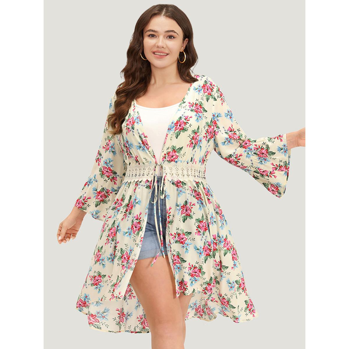 Plus Size Floral Print Open Front Knot Guipure Lace Ruffles Kimono Women Beige Vacation Printed Dailywear Kimonos BloomChic 10/M Product Image