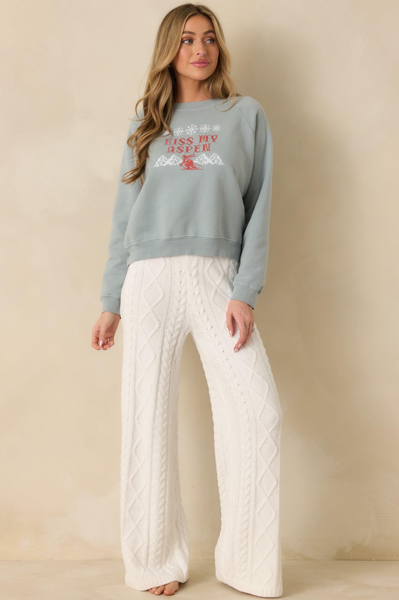 Kiss My Aspen Slate Blue Crewneck Ski Sweatshirt Product Image