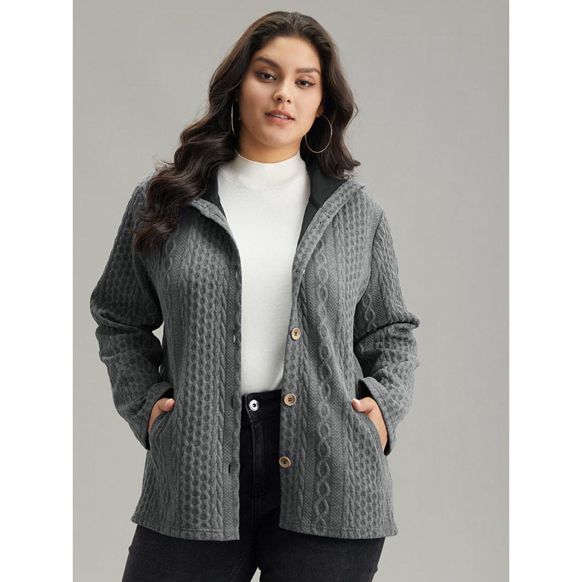 Plus Size Contrast Cable Knit Pocket Hooded Jacket Women Gray Casual Texture Ladies Dailywear Winter Coats BloomChic 18-20/2X Product Image