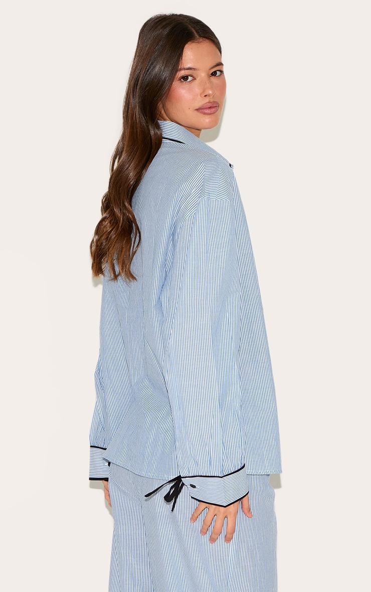 Blue Stripe Contrast Piping Tie Detail Long Pj Set Product Image
