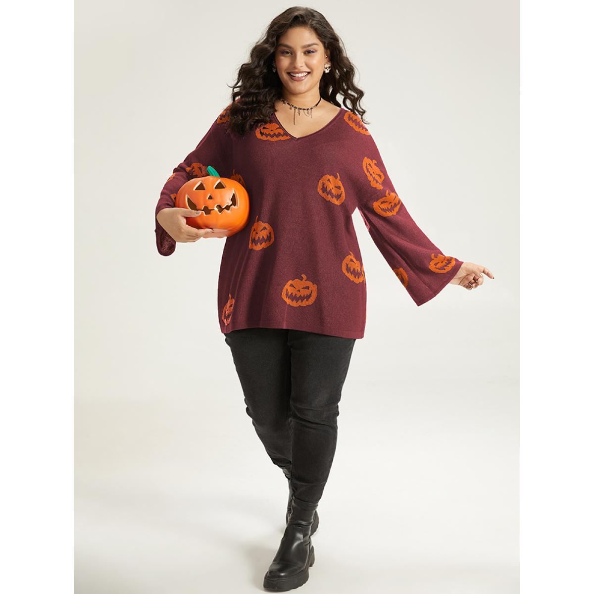Plus Size Halloween V Neck Bell Sleeve Pullover Burgundy Women Playful Loose Long Sleeve V-neck Casual Pullovers BloomChic 10/M Product Image