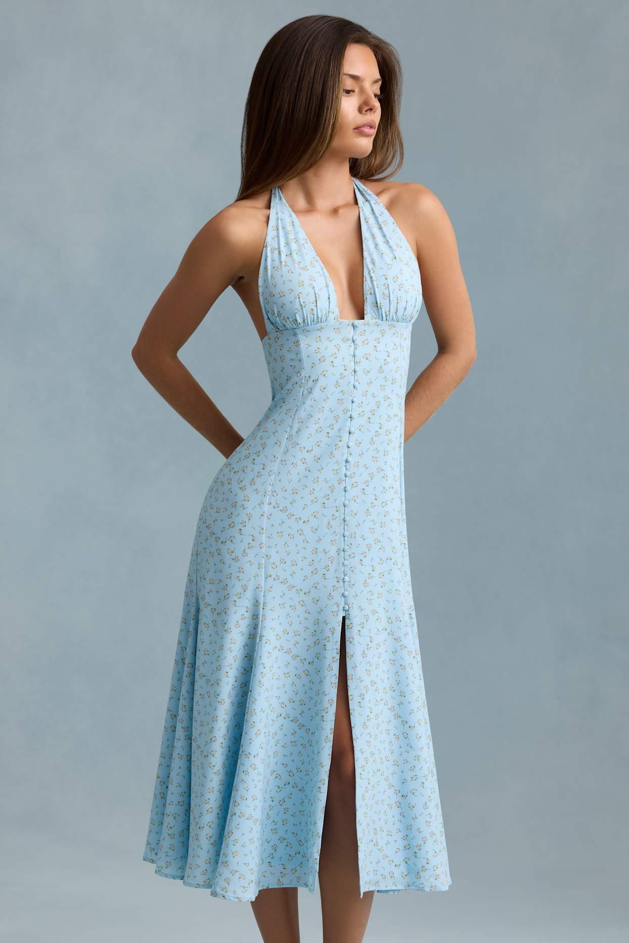 Halterneck Midaxi Dress in Blue Flower Print Product Image