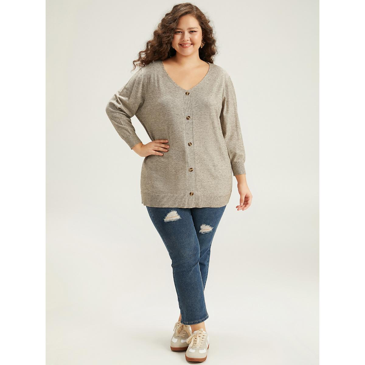 Plus Size Supersoft Essentials Button Detail Solid V Neck Cardigan Champagne Women Casual Elbow-length sleeve Dailywear Cardigans BloomChic 10/M Product Image