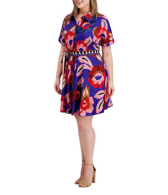 Kensie Plus Size Floral Print Textured Stretch Taffeta Shirt Dress Product Image