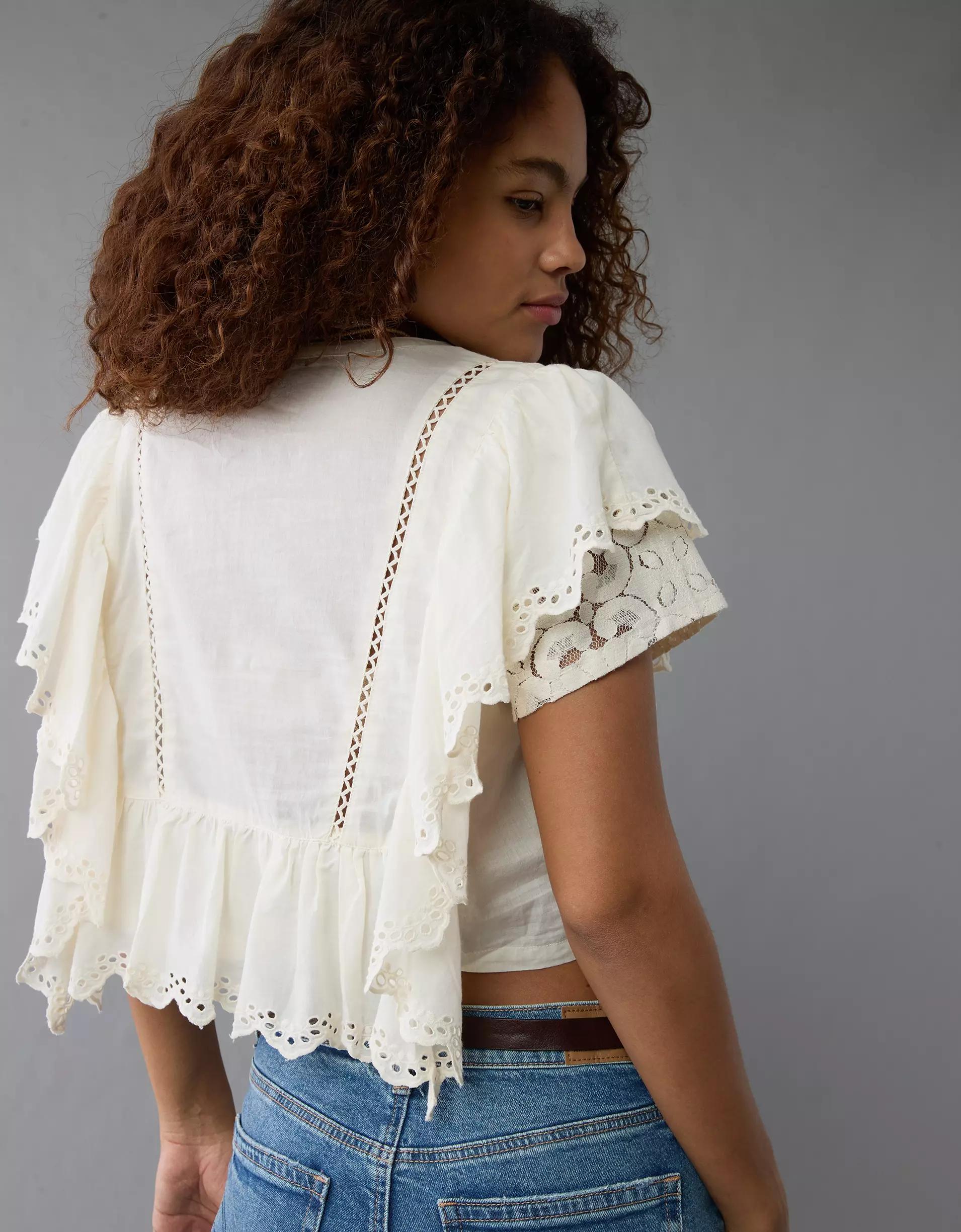 AE Notch Neck Ruffle Blouse Womens Product Image