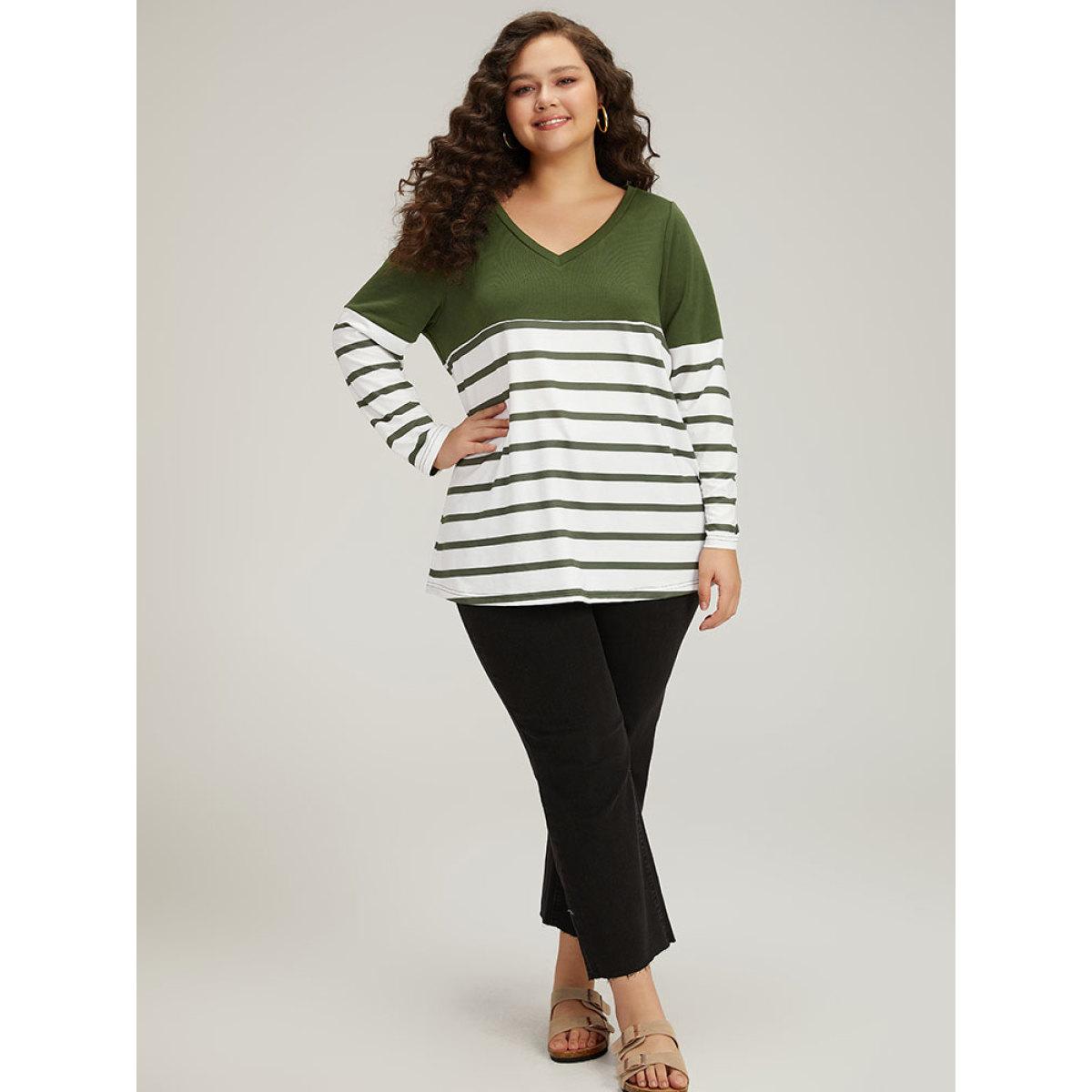 Plus Size Striped Patchwork Contrast V Neck Sweatshirt Women Green Casual Contrast V-neck Dailywear Sweatshirts BloomChic 10/M Product Image