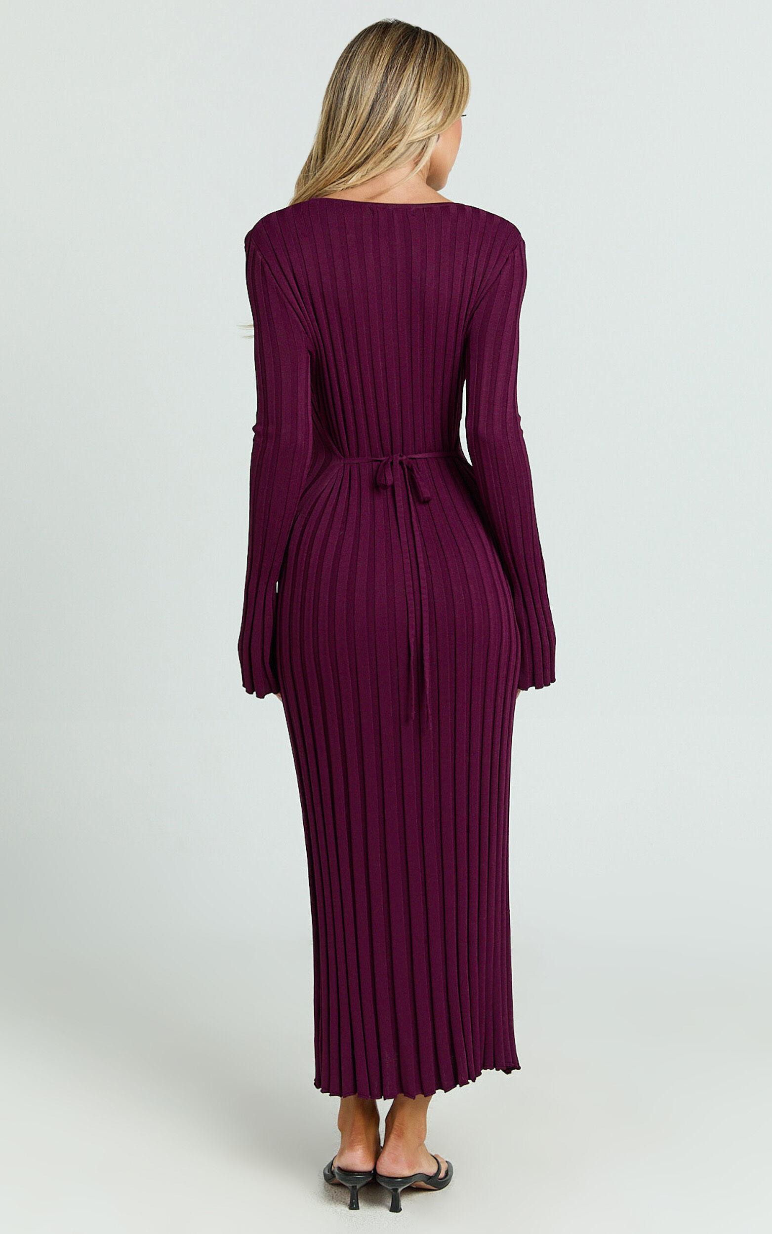 Blaire Midi Dress - Long Sleeve Tie Back Flare Dress in Wine Product Image