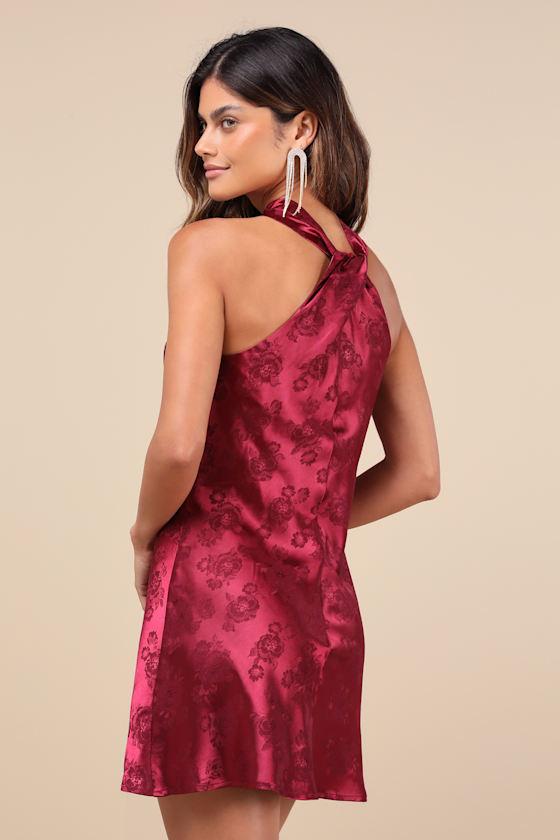 Got the Key Burgundy Satin Floral Jacquard Halter Mini Dress Product Image