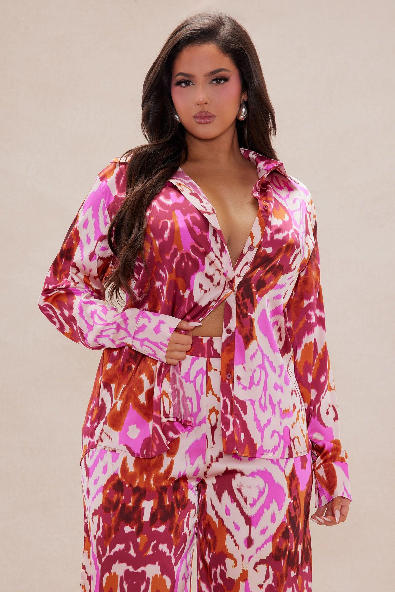 Kristine Satin Wide Leg Pant Set - Fuchsia/combo Product Image