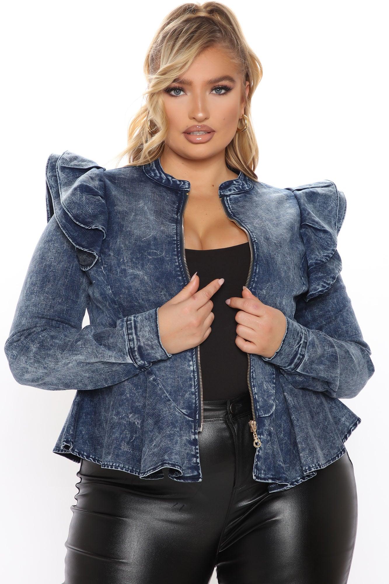 Denim Queen Peplum Jacket - Medium Blue Wash Product Image