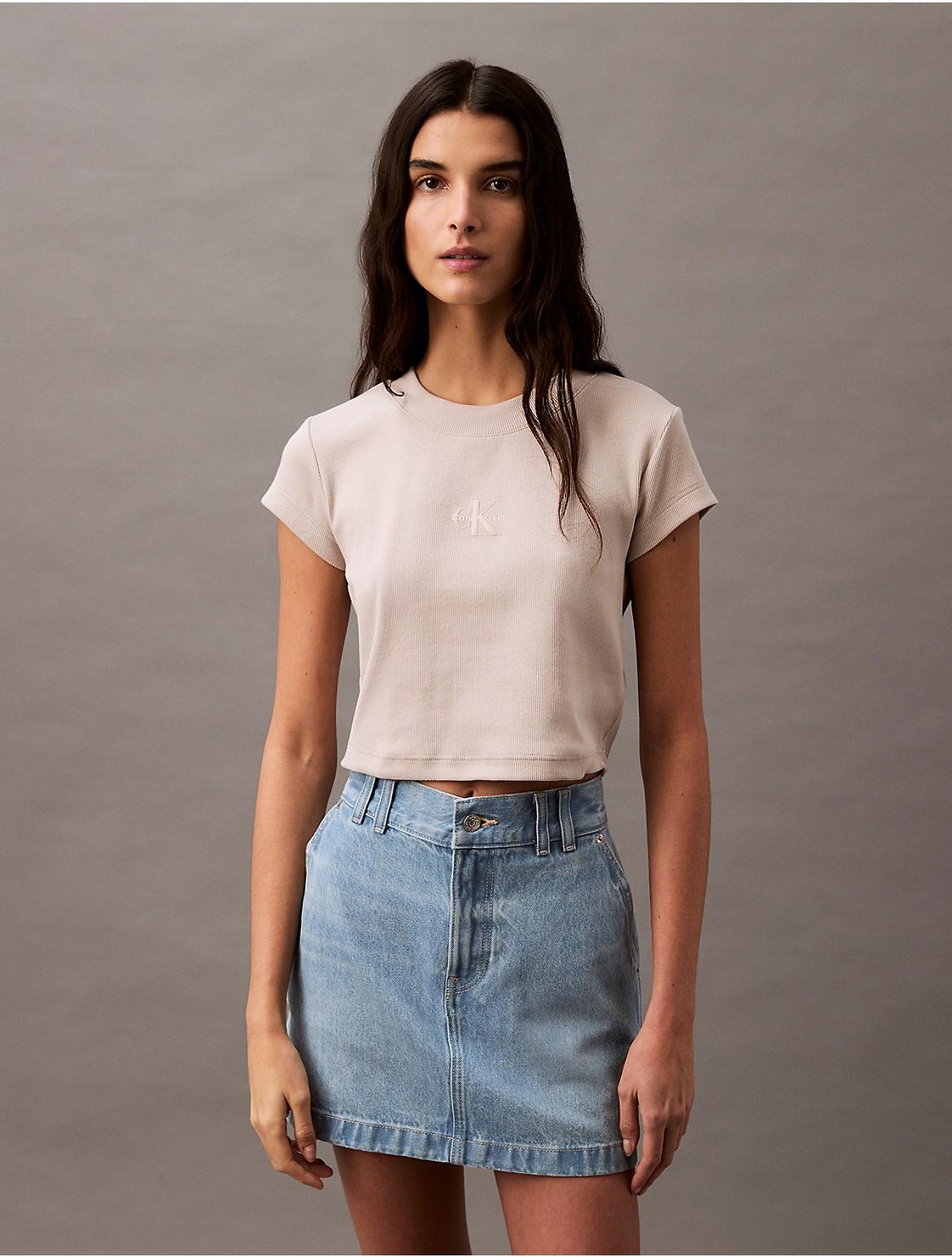 Calvin Klein Women's Monogram Logo Ribbed Baby Tee - White - XL Product Image