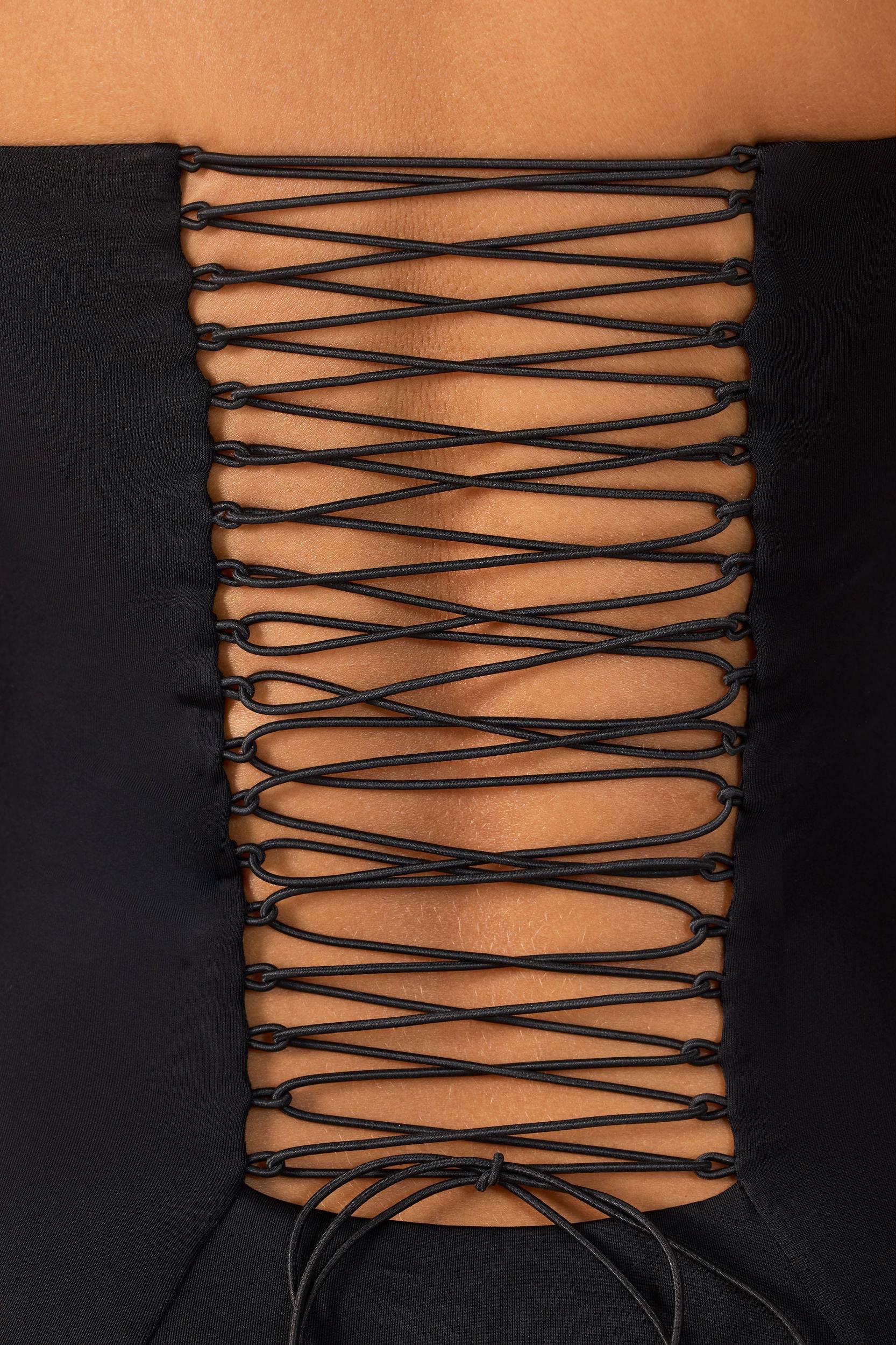 Premium Jersey Lace Up Back Mini Dress with Train in Black Product Image