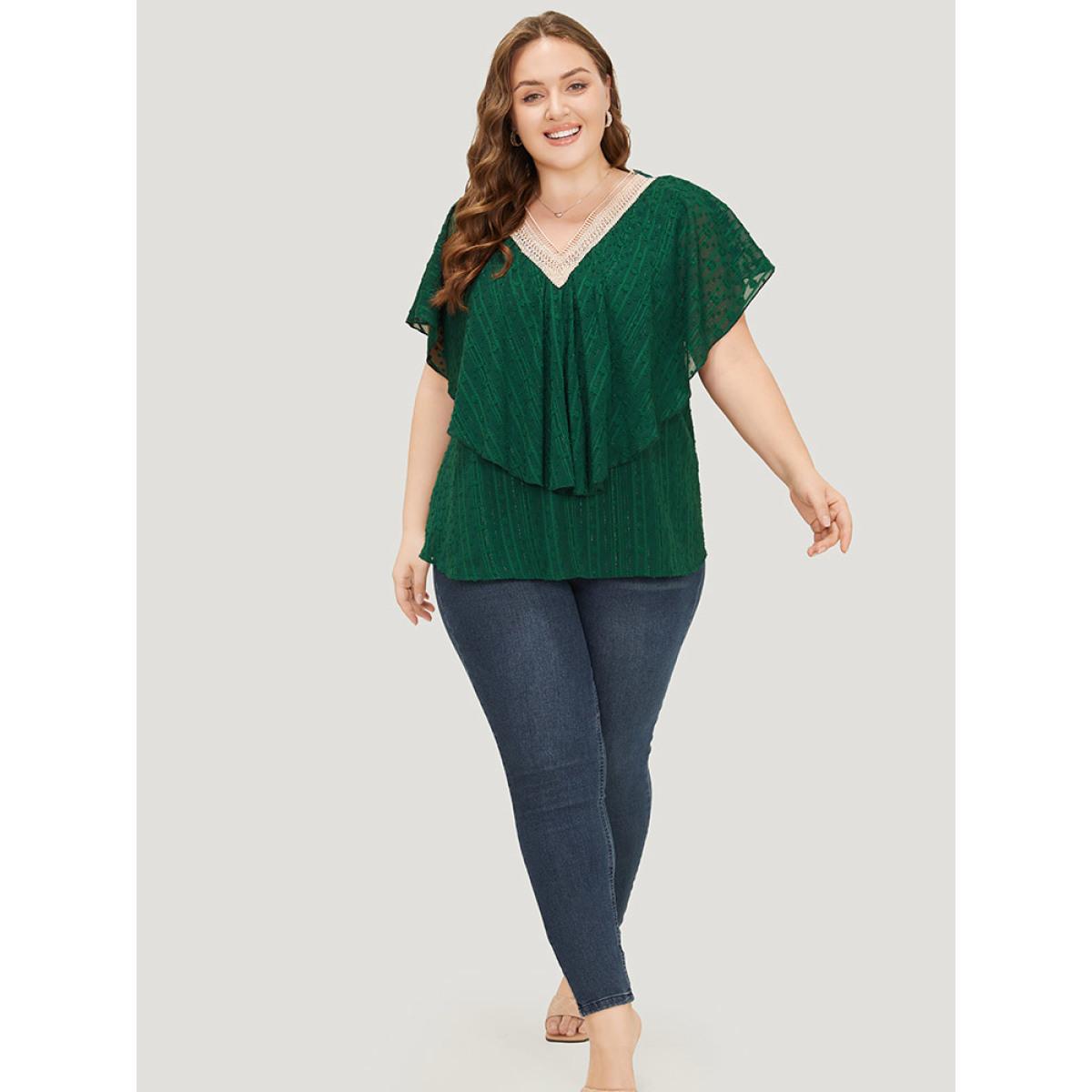 Plus Size DarkGreen Solid Textured Flutter Trim Contrast Lace Blouse Women Elegant Short sleeve V-neck Dailywear Blouses BloomChic 22-24/3X Product Image