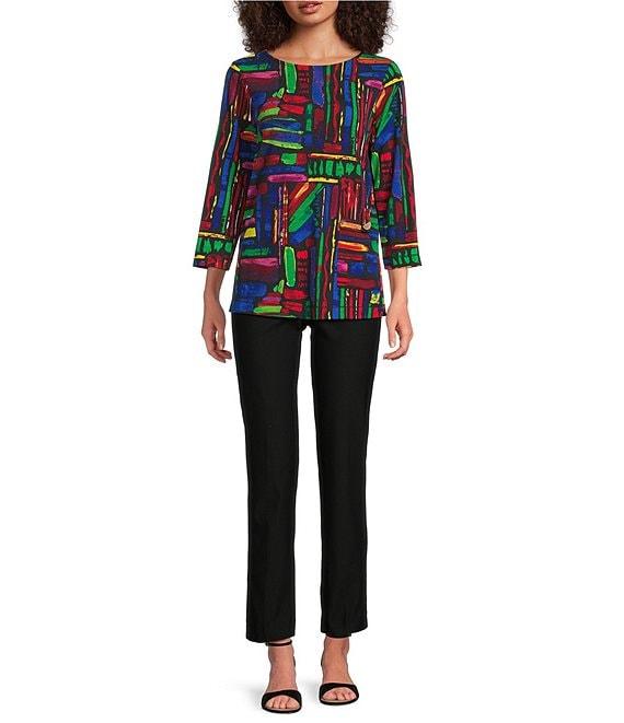 Ali Miles Knit Brushstroke Print Round Neck 3/4 Sleeve Top Product Image