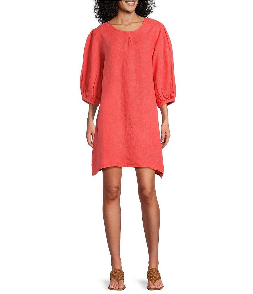 Bryn Walker Lucien Light Linen Round Neck 3/4 Balloon Sleeve Dress Product Image