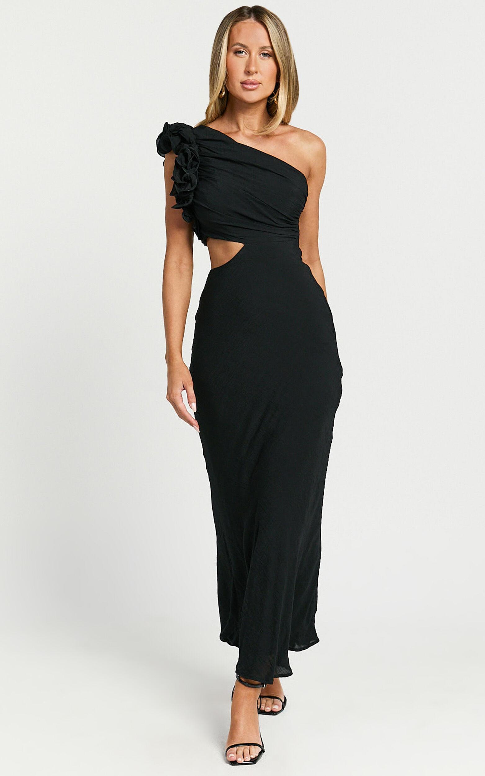 Anessa Midi Dress - One Shoulder Ruffle Detail Side Cut Out Dress in Black Product Image