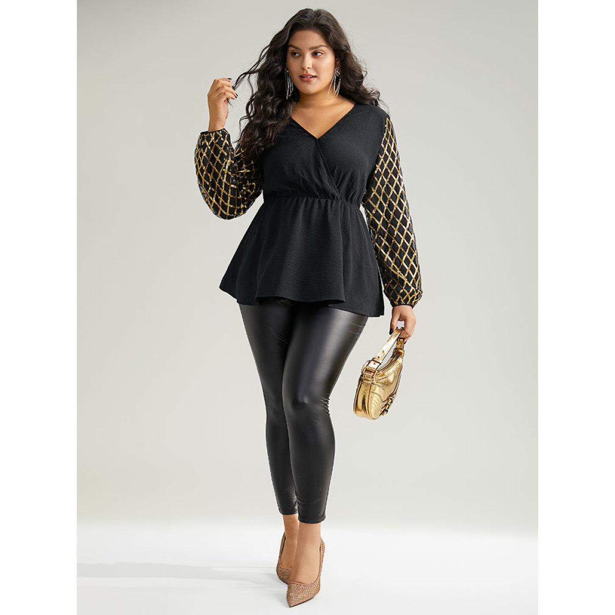 Plus Size Black Plaid Sequin Patchwork Wrap Blouse Women Glamour Long Sleeve Overlap Collar Festival-Christmas Blouses BloomChic 18-20/2X Product Image