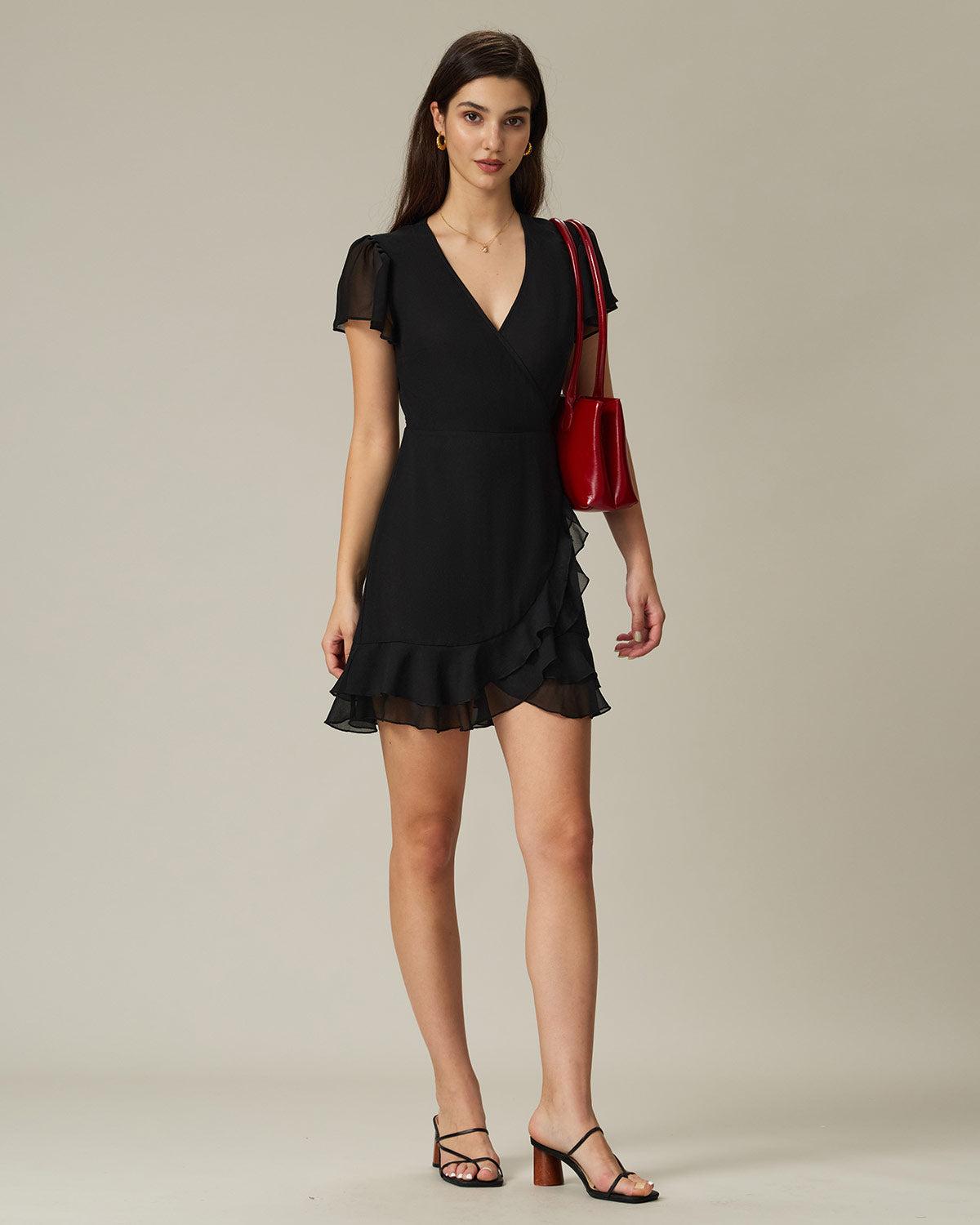 Black V Neck Chiffon Mini Dress Product Image