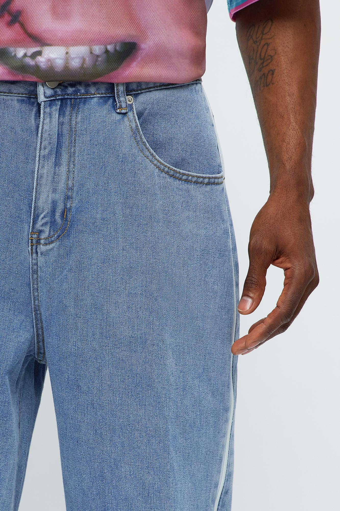 Baggy Side Stripe Zip Hit Jeans - Medium Blue Wash Male Product Image