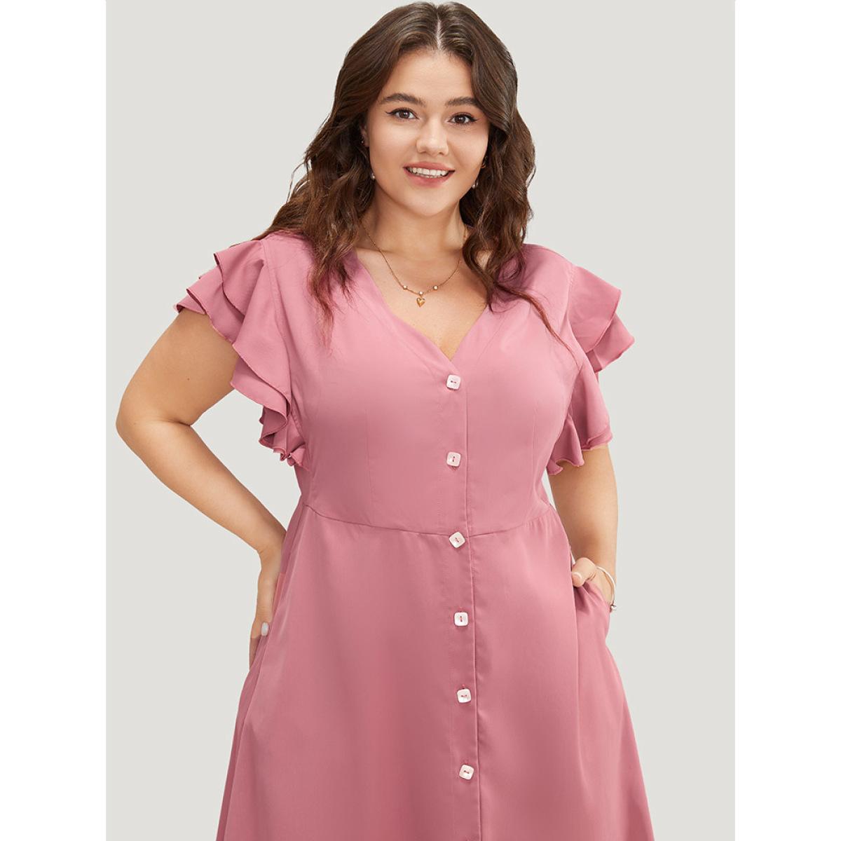 Plus Size Plain Ruffle Sleeve Pocket Tiered Button Up Dress Rouge Women Elegant Button V-neck Short sleeve Curvy Midi Dress BloomChic 26/4X Product Image