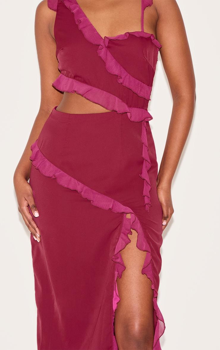 Wine Chiffon Frill Cut Out Maxi Dress Product Image
