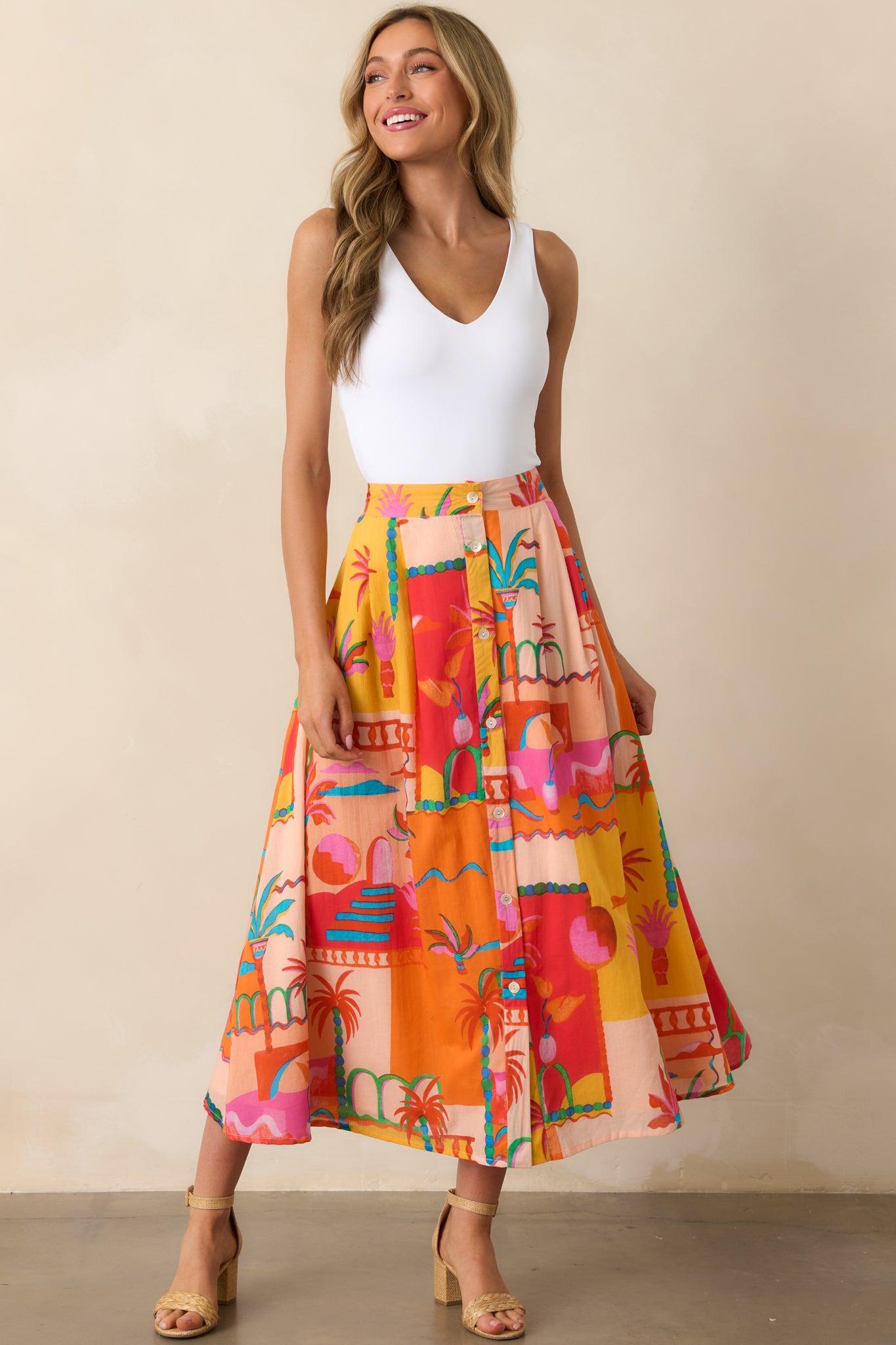 Bright Idea Orange Tropical Print Cotton Button Front Midi Skirt Product Image