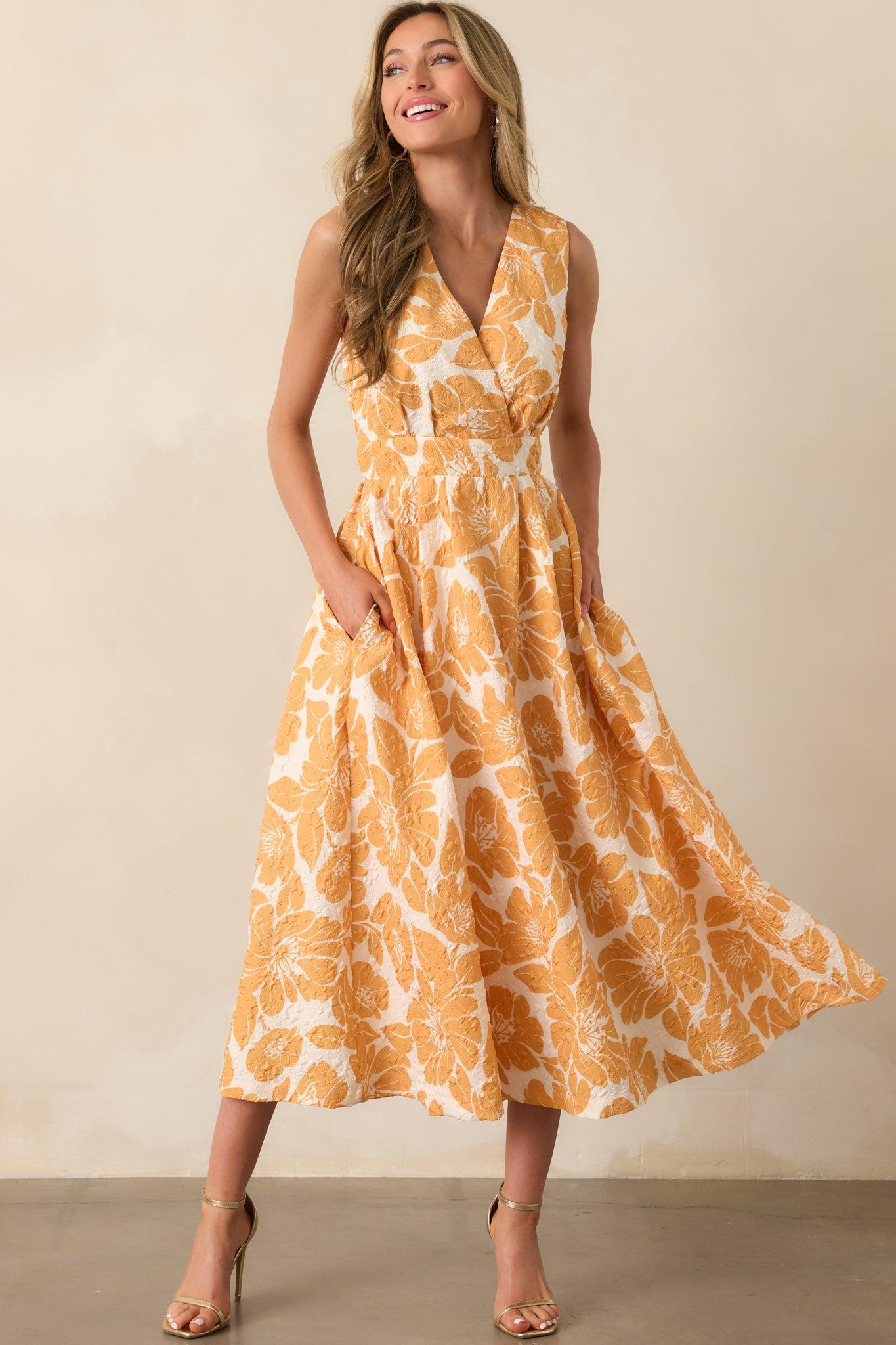 Sunkissed Society Orange Floral Jacquard Midi Dress Product Image