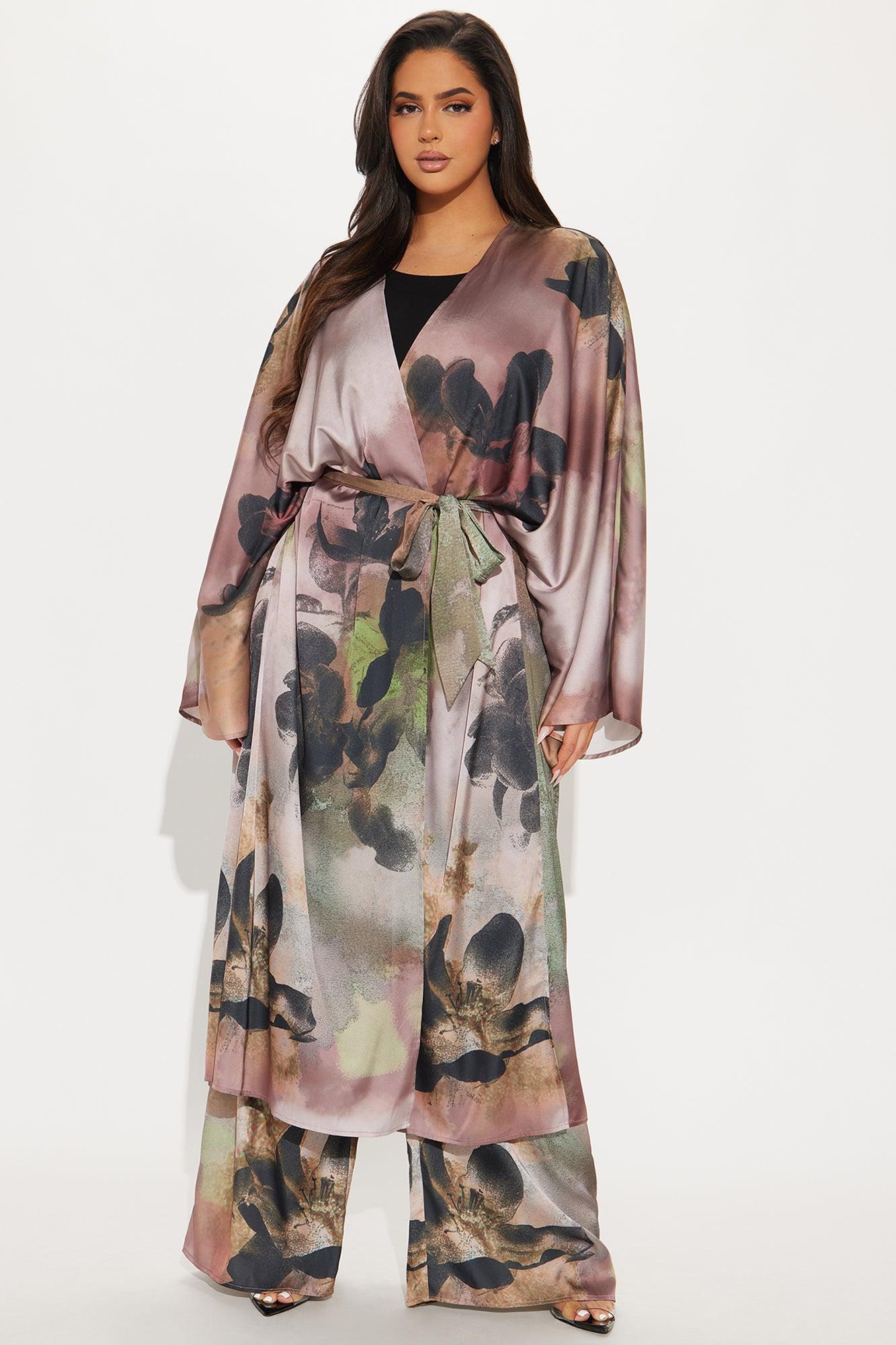 Dark Seduction Satin Kimono Pant Set - Brown/combo Product Image