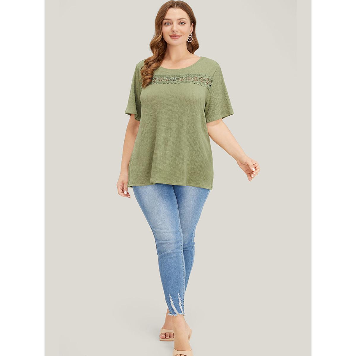 Plus Size Plain Textured Contrast Lace Crew Neck T-shirt Sage Women Elegant Plain Round Neck Dailywear T-shirts BloomChic 30/6X Product Image
