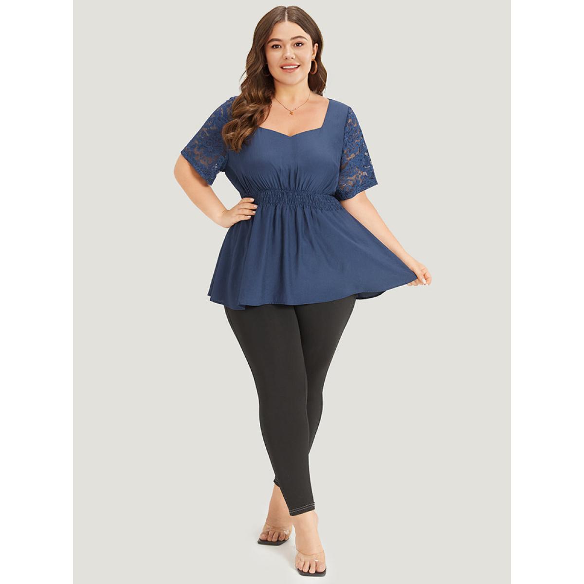 Plus Size Indigo Supersoft Essentials Crochet Lace Mesh Shirred Ruffle Hem Gathered Blouse Women Elegant Short sleeve Square Neck Dailywear Blouses BloomChic 14-16/1X Product Image
